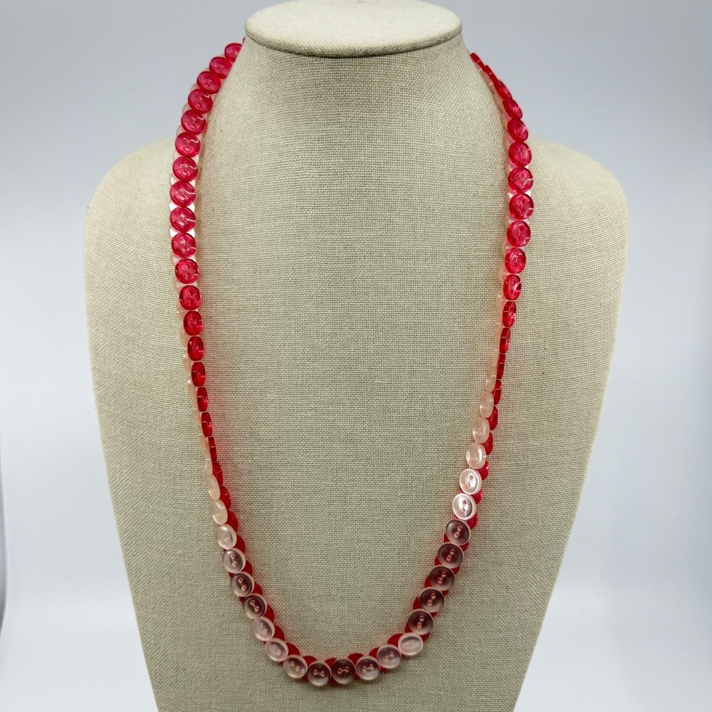 Red Pearl White Button Necklace Double Strand Handmade Statement Sewing Art